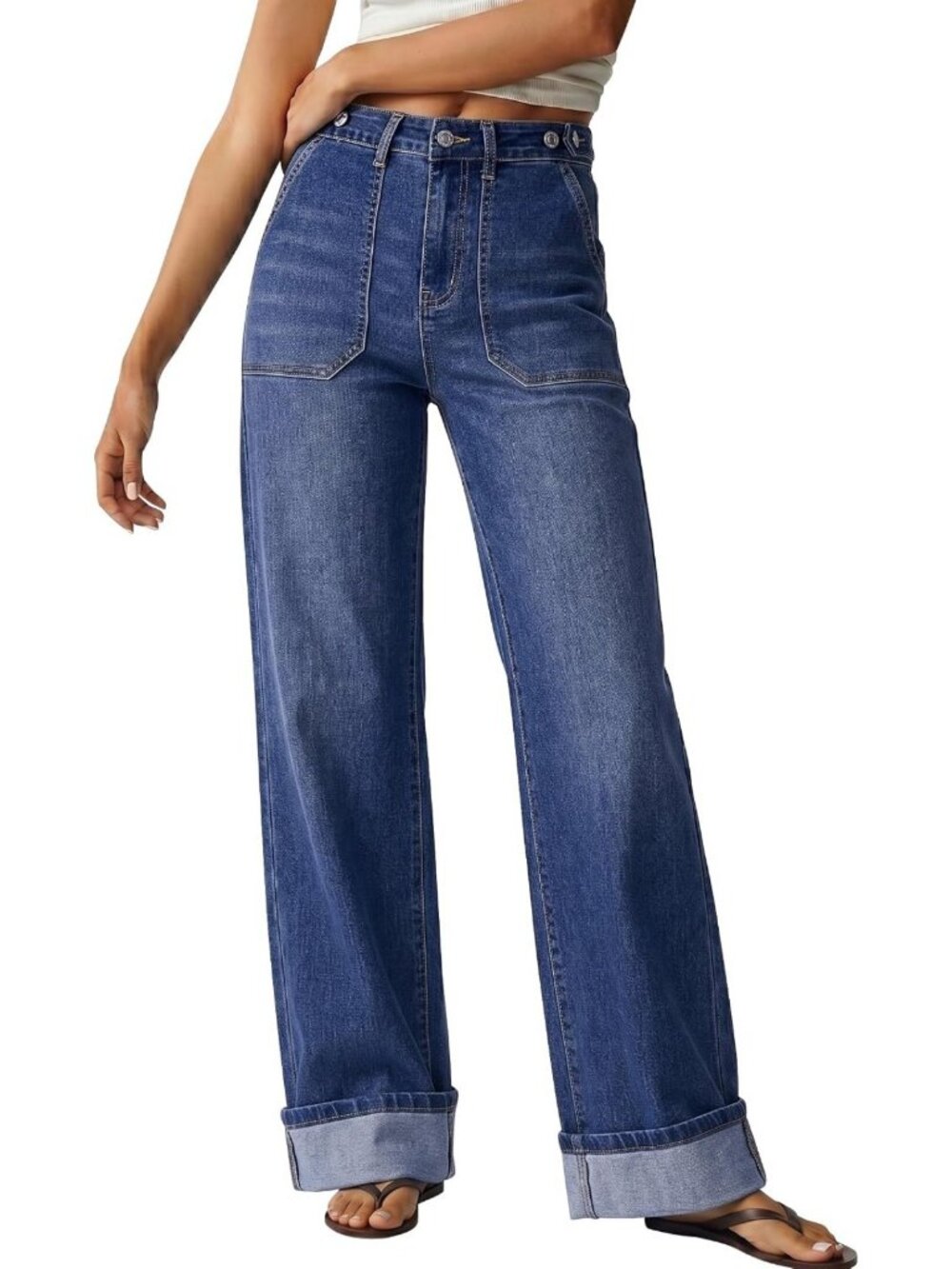 Wide Leg Cuffed Hem Jeans for Women | Adjustable Waist Denim Pants
